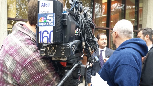 Jesus "Chuy" Garcia being interviewed after his talk with political science students at his alma mater, University of Illinois-Chicago. Photo Credit: Beyza Ozer